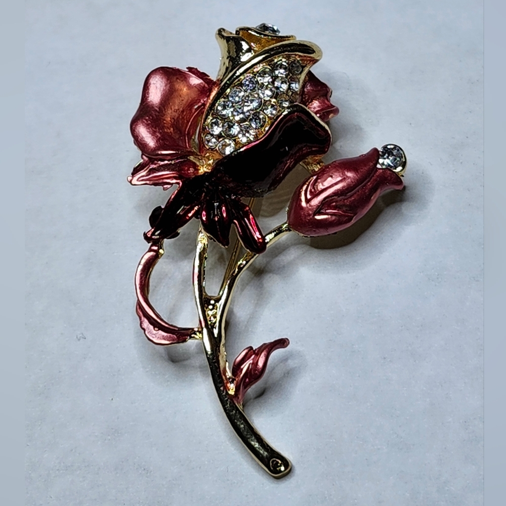 Betsey Johnson Red Tulip Pin Brooch Rhinestones